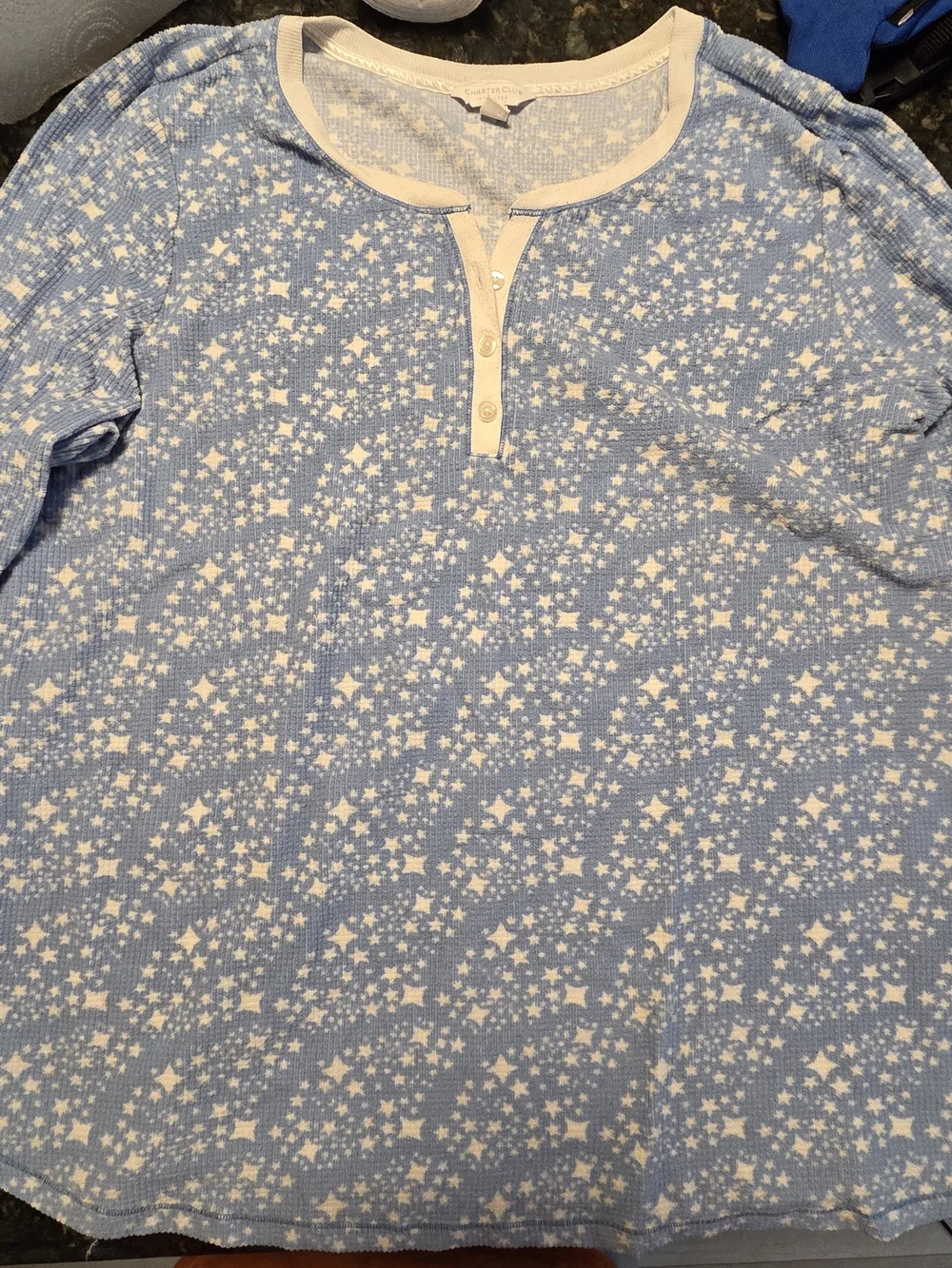 Charter Club Light Blue and Cream Star-Print Henley Pajama Top